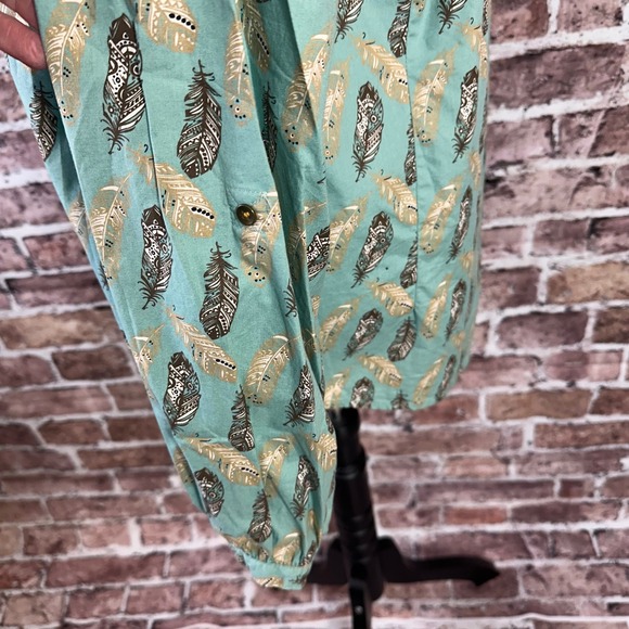 Bit & Bridle Women Teal Feather Print Pintuck Boho Blouse Top X-Large Cow Girl - Picture 5 of 13